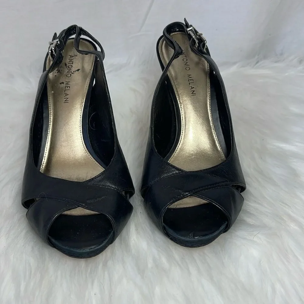 Antonio Milani Black Leather Platform Slingback‎ Peep Toe Heels Sz 8.5